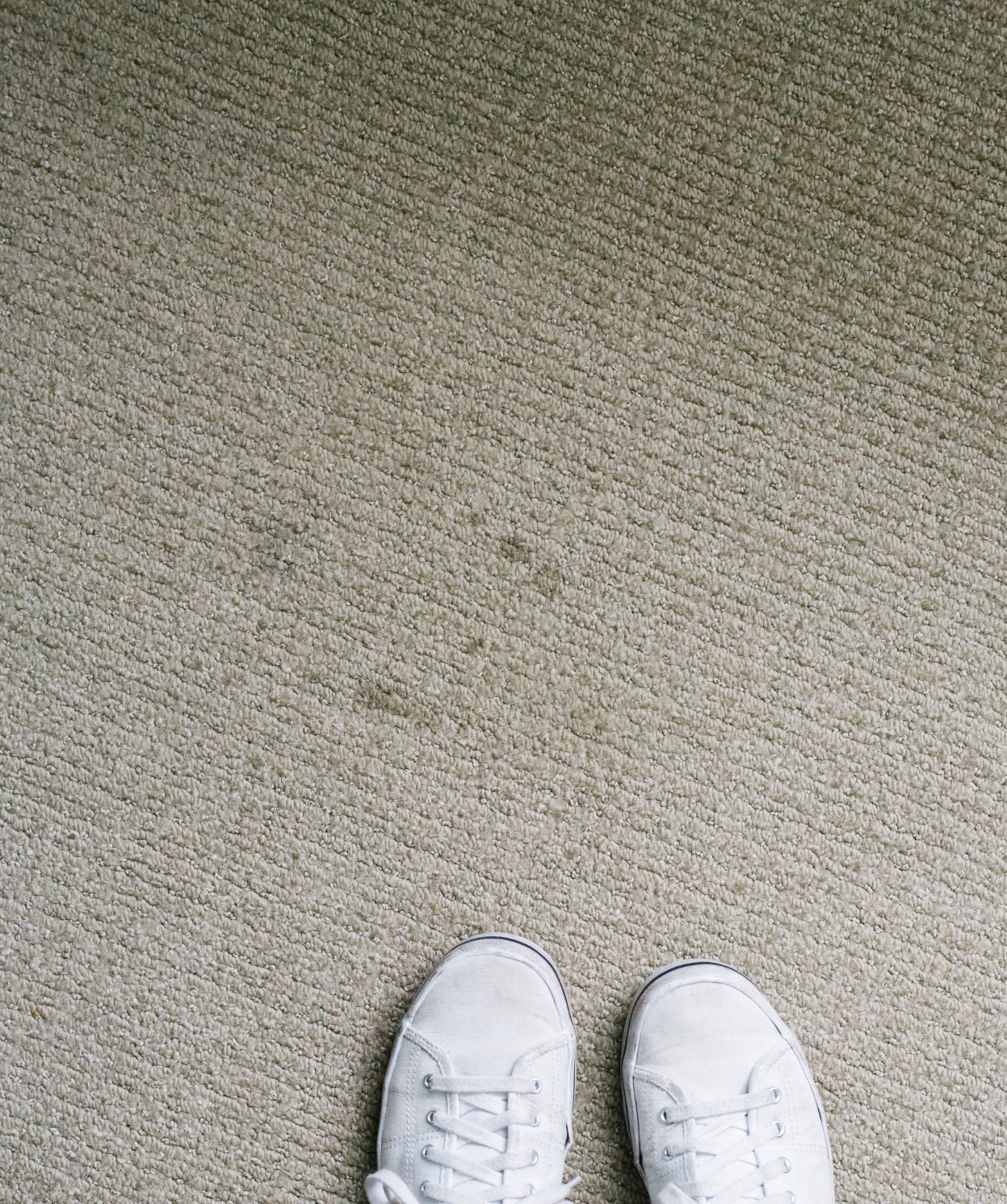 Pair of white shoes on a tan carpet with what wicking carpet stains look like on it