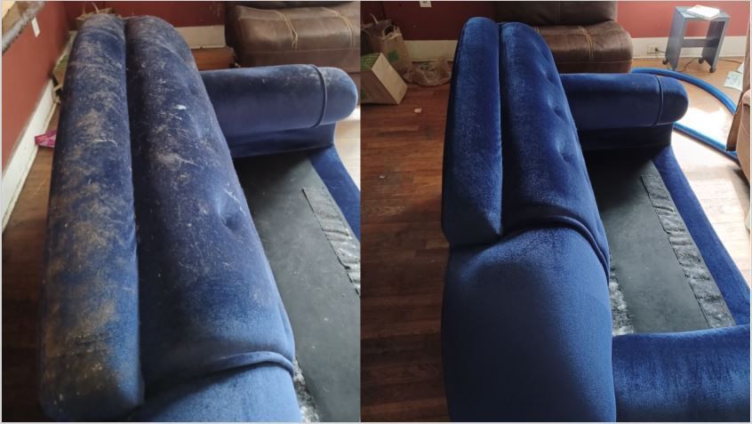 Before and after side by side images of a blue microfiber couch before and after Zerorez professionally cleaned and removed dirt and pet hair from the back of it.