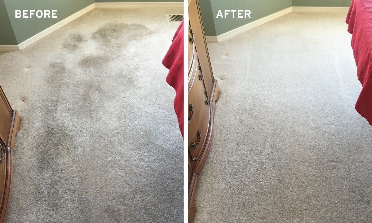 carpeted floor with stains shown on left image before Zerorez carpet cleaning and a clean dry odor free carpet on the after Zerorez carpet cleaning image on the right