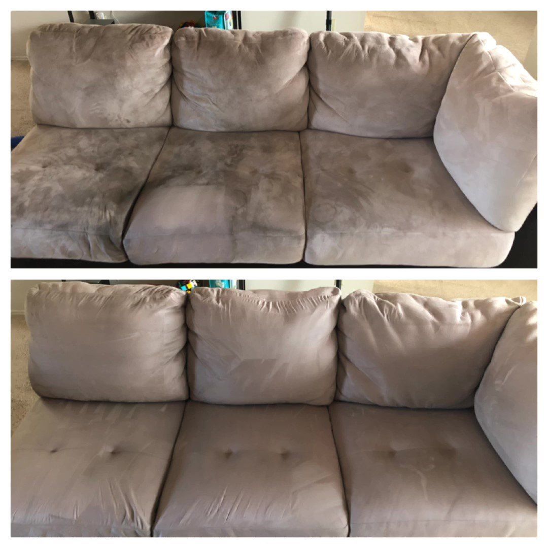 Top half of image shows a dirty stained microfiber tan couch and the bottom shows the same couch after it was professionally cleaned by Zerorez upholstery cleaning services