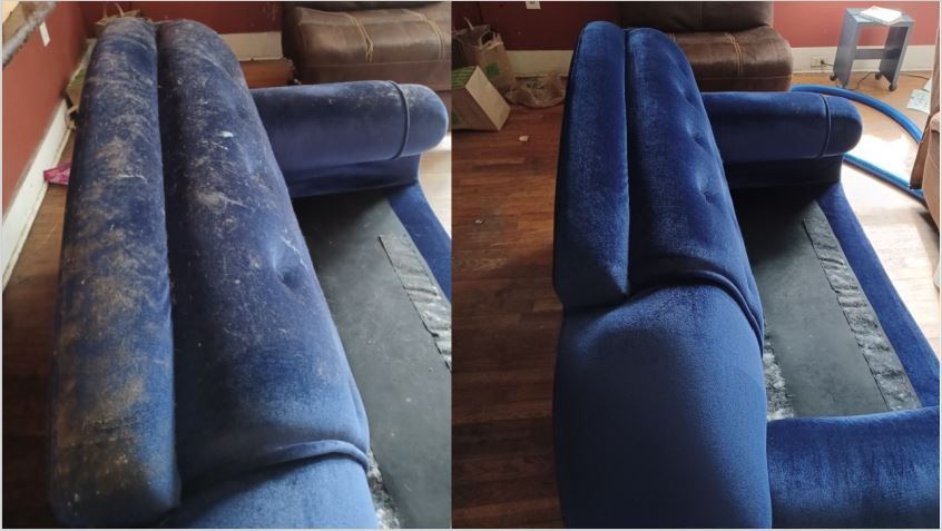 Before and After Dirty Blue Microfiber couch was cleaned professionally by Zerorez Upholstery Cleaners