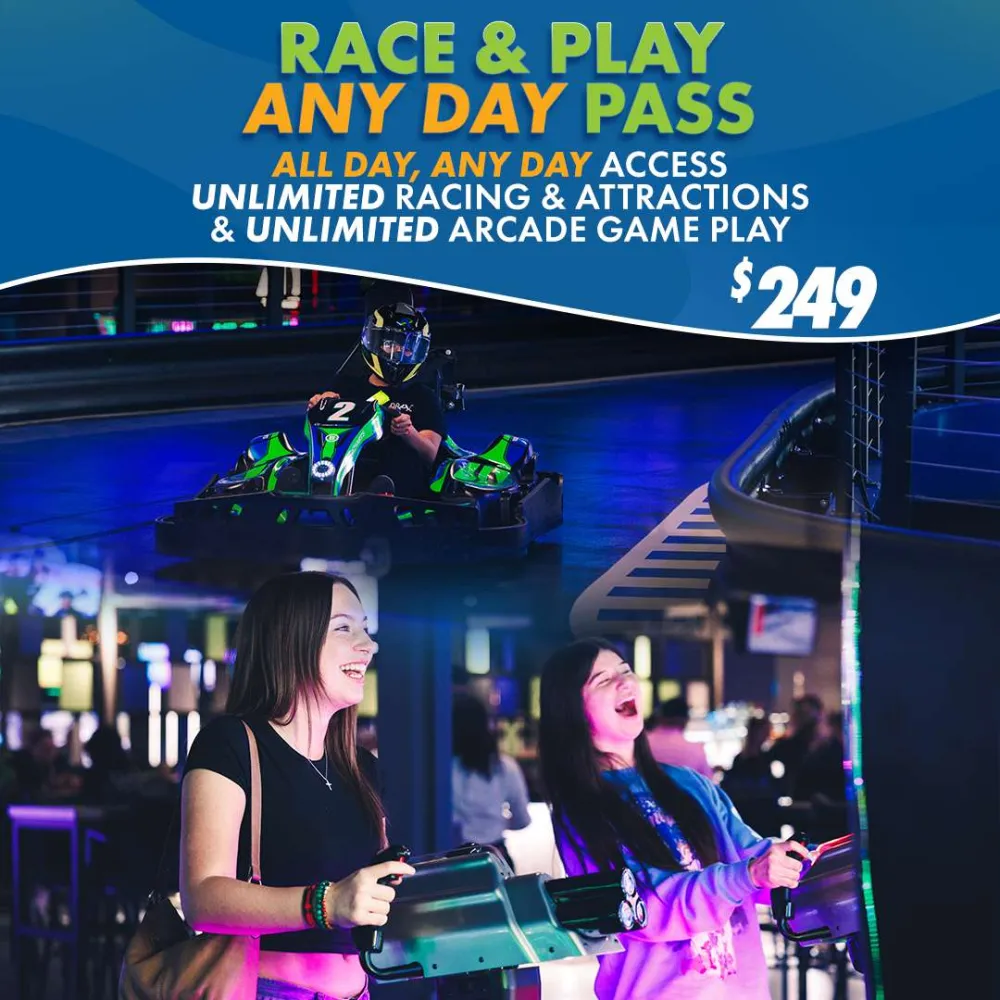 Race and play any day pass for unlimited go-kart racing and arcade games at $249 all day access.