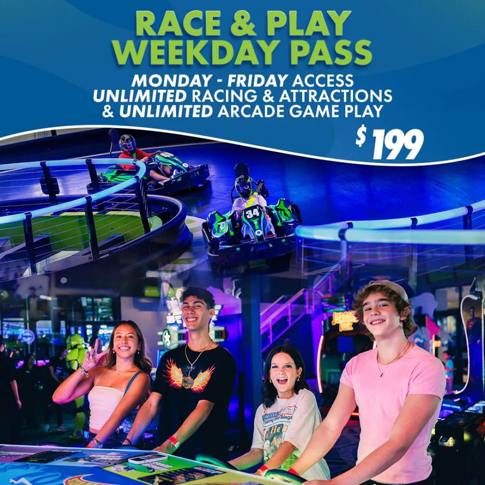 Four smiling teens play arcade games and race go-karts in a vibrant indoor entertainment center weekday pass $199