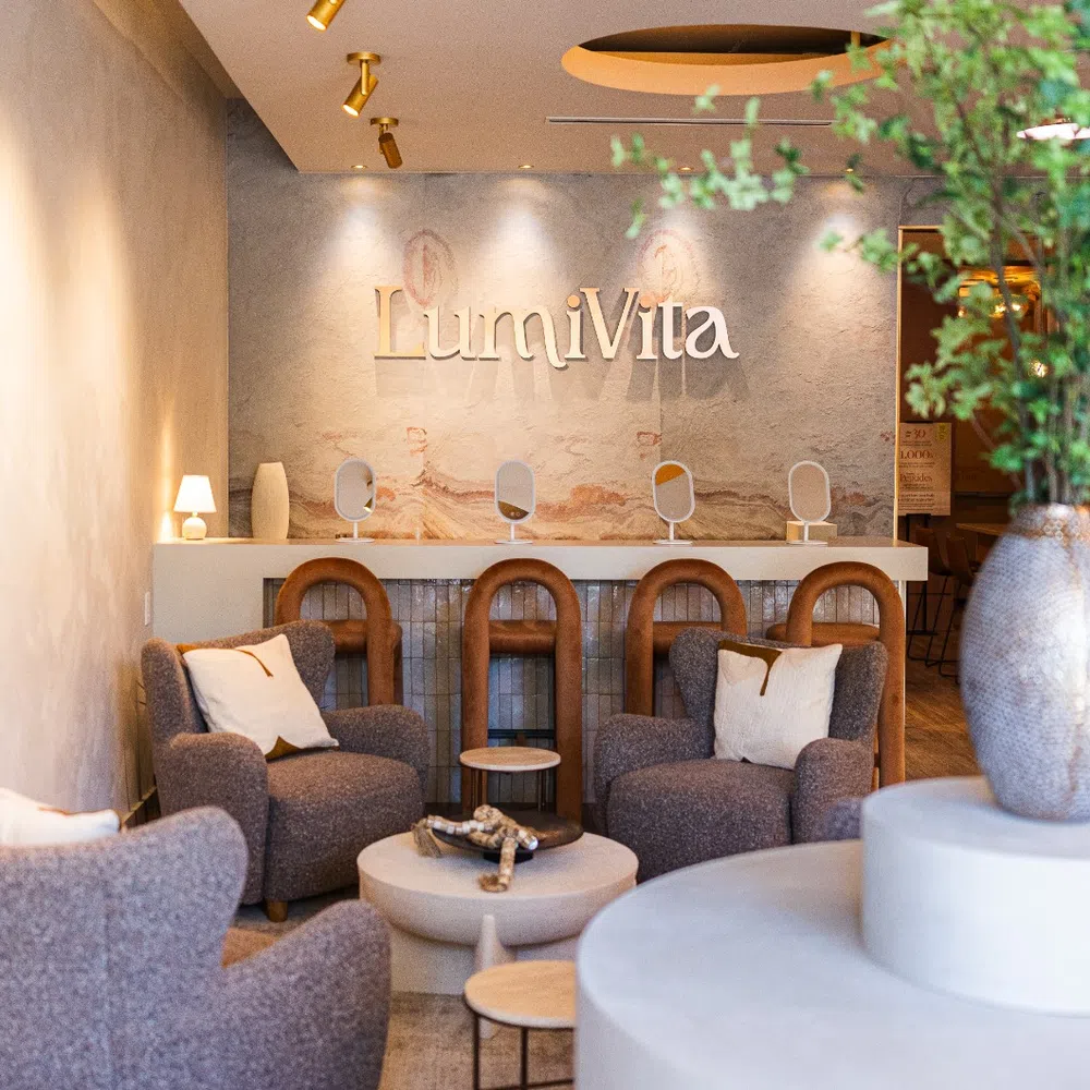 Modern LumiVita lounge with cozy armchairs, wooden accents, and decorative greenery in a warm, inviting space.