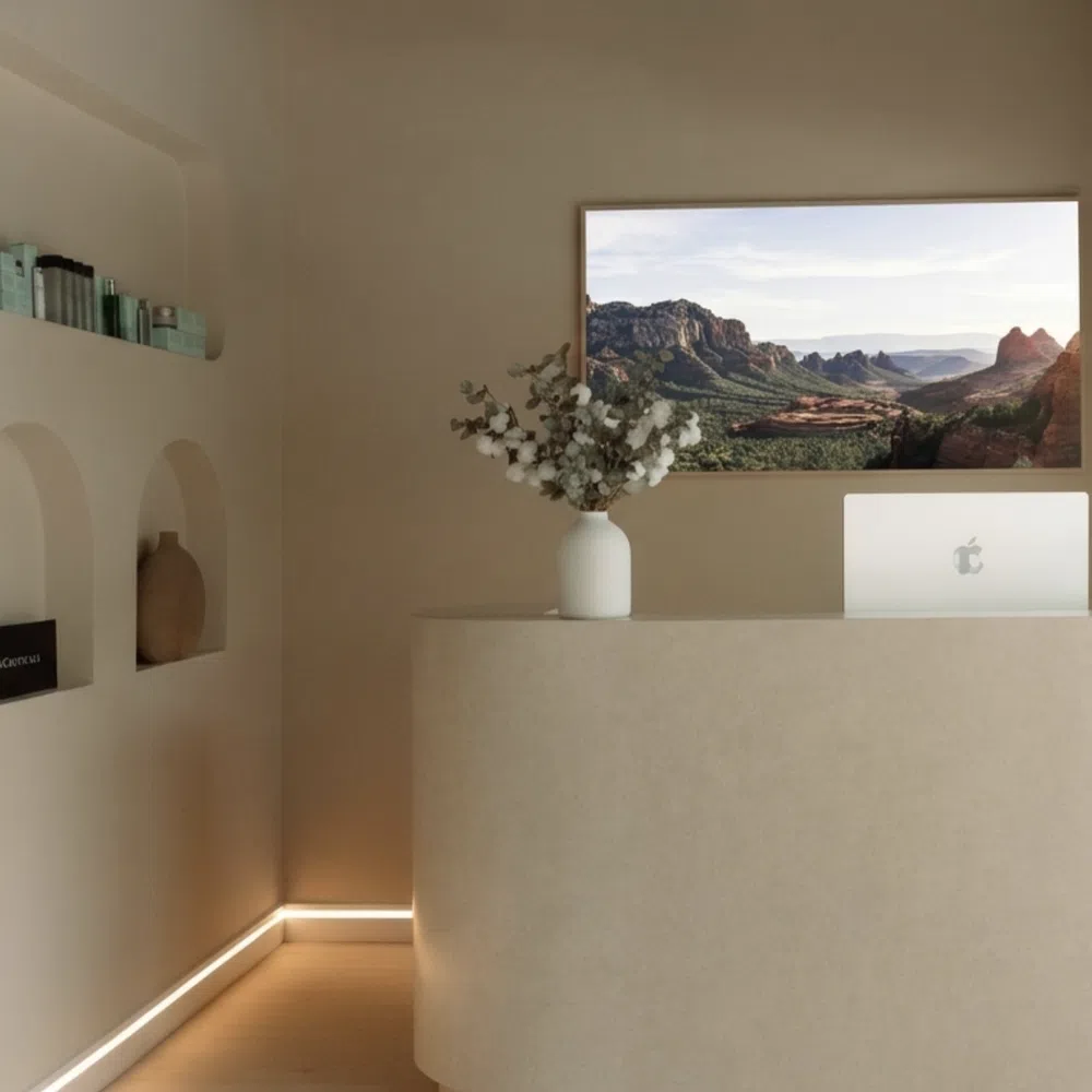 Minimalist reception area with curved desk, laptop, wall shelves with products, and scenic landscape artwork.