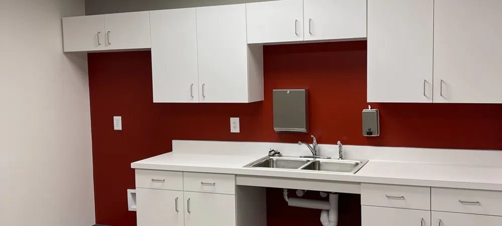 Modern kitchen area with white cabinets, double sink, red backsplash, and gray wood flooring under bright ceiling lights