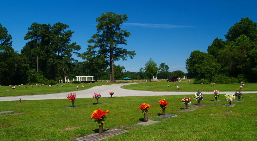 a park with people and flowers
