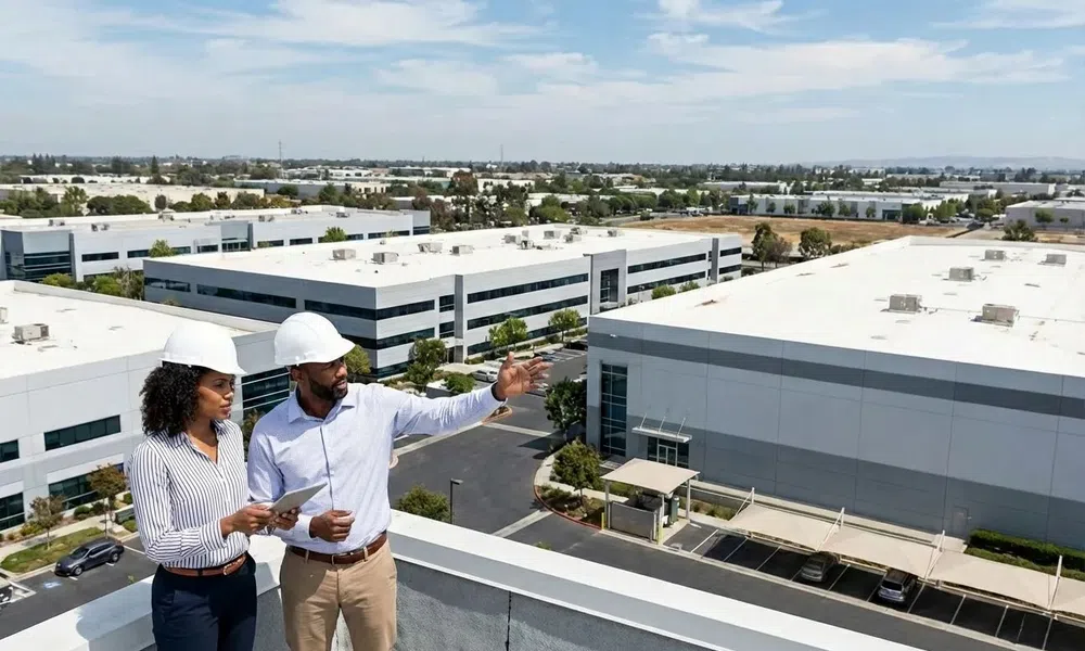 Two construction professionals wearing helmets inspecting industrial buildings from a rooftop on a sunny day