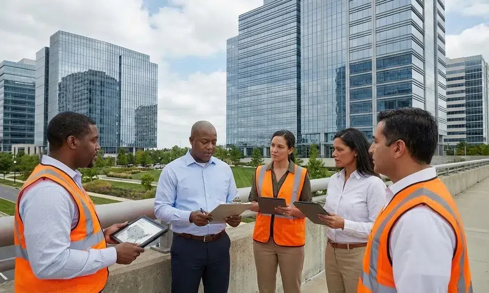 Construction team in safety vests discussing plans outdoors with tablets and clipboards near modern office buildings.