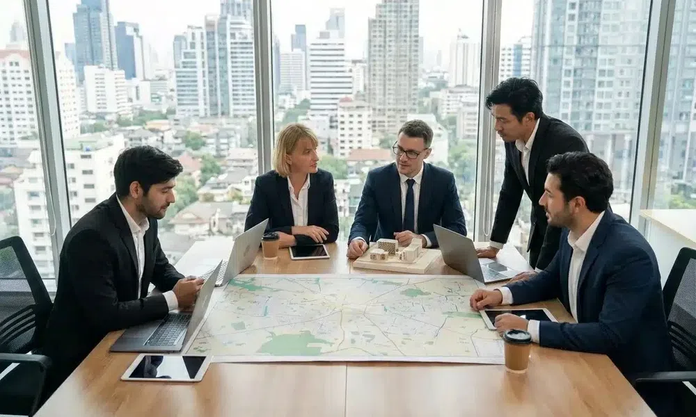 Business team in formal wear discussing urban development plans around a large city map in a modern office.
