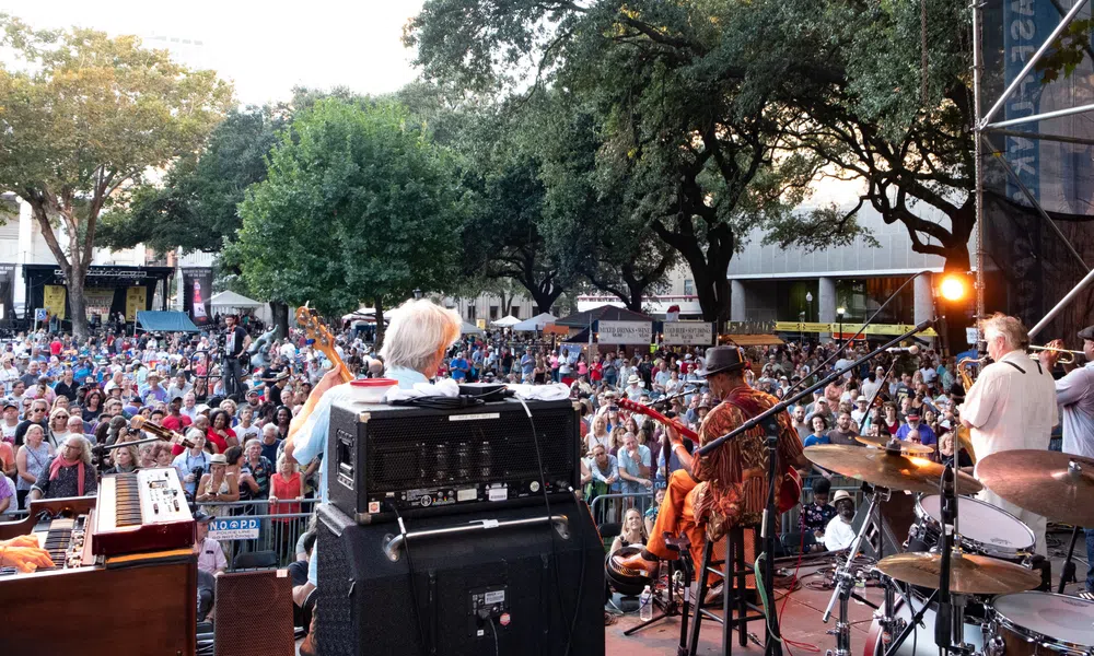 View from stage of a live band performing to a large outdoor crowd under trees at a music festival.