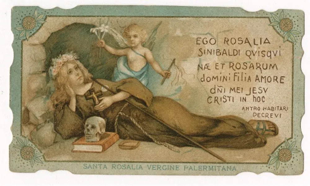 Vintage illustration of Saint Rosalia reclining with a skull, angel holding lilies, and Latin text on aged parchment.