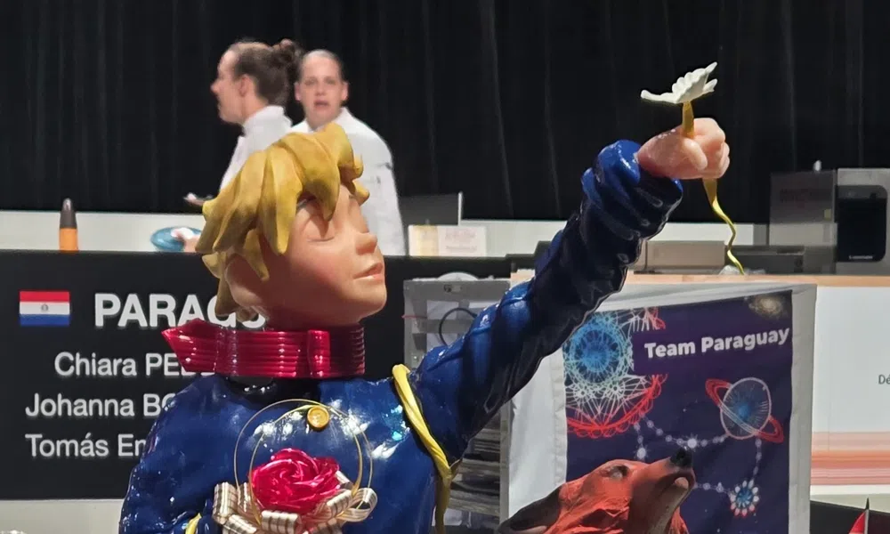 Colorful statue of a boy in blue holding a flower and a red rose with a fox looking up, Paraguay team banner in background