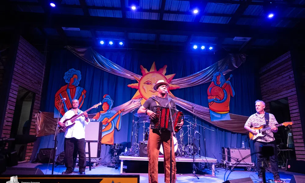 Live band performing on stage with accordion, guitar, and bass under bright lights and colorful sun backdrop