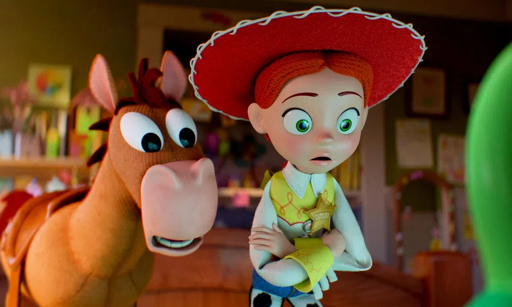 Toy Story characters Jessie and Bullseye looking surprised in a colorful bedroom setting from the animated film.