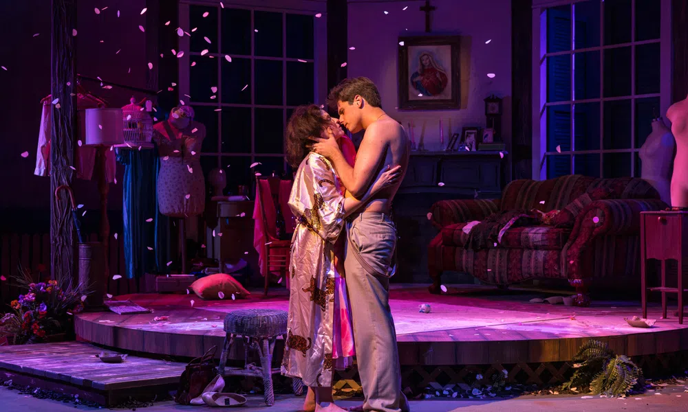 Couple embraces on stage in intimate theater scene with warm lighting and scattered petals.