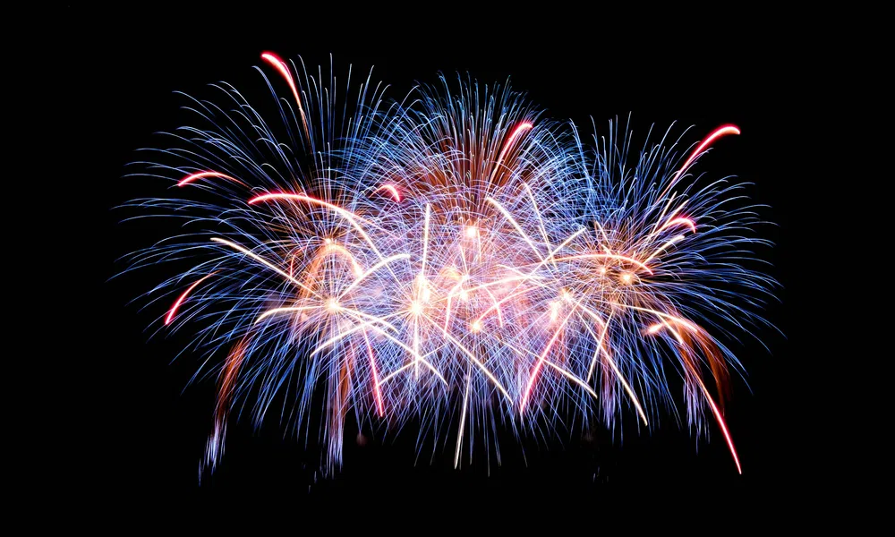 Colorful blue and red fireworks bursting against a dark night sky during a celebration.
