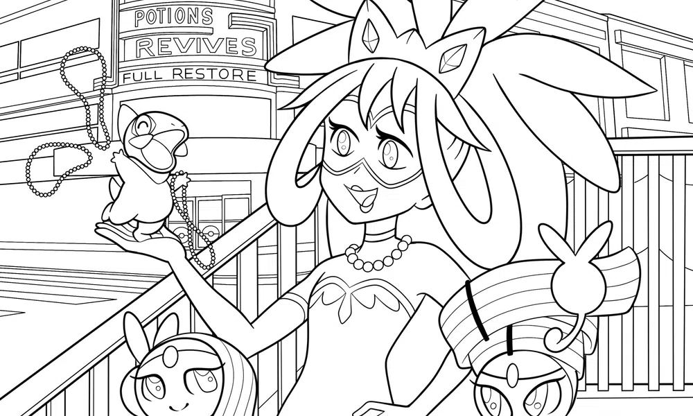 Anime girl with feathered headpiece holding a small bird figurine in a shop offering Pokeballs, potions, revives, full restore.