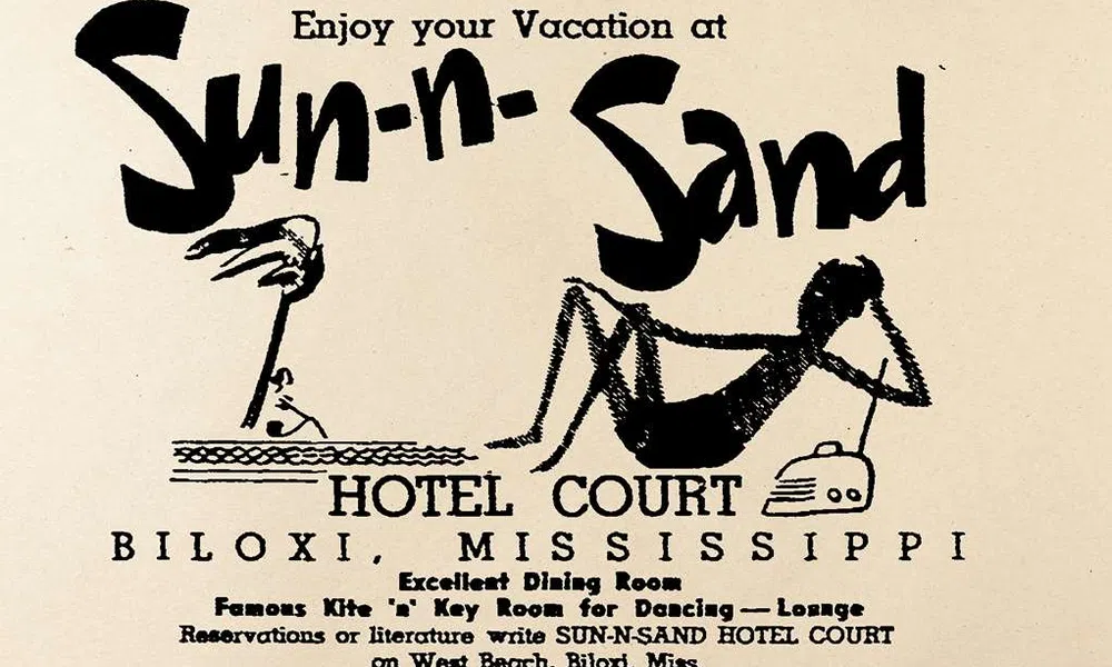 Vintage black and white ad for Sun-n-Sand Hotel Court in Biloxi with a relaxing figure and pelican illustration.