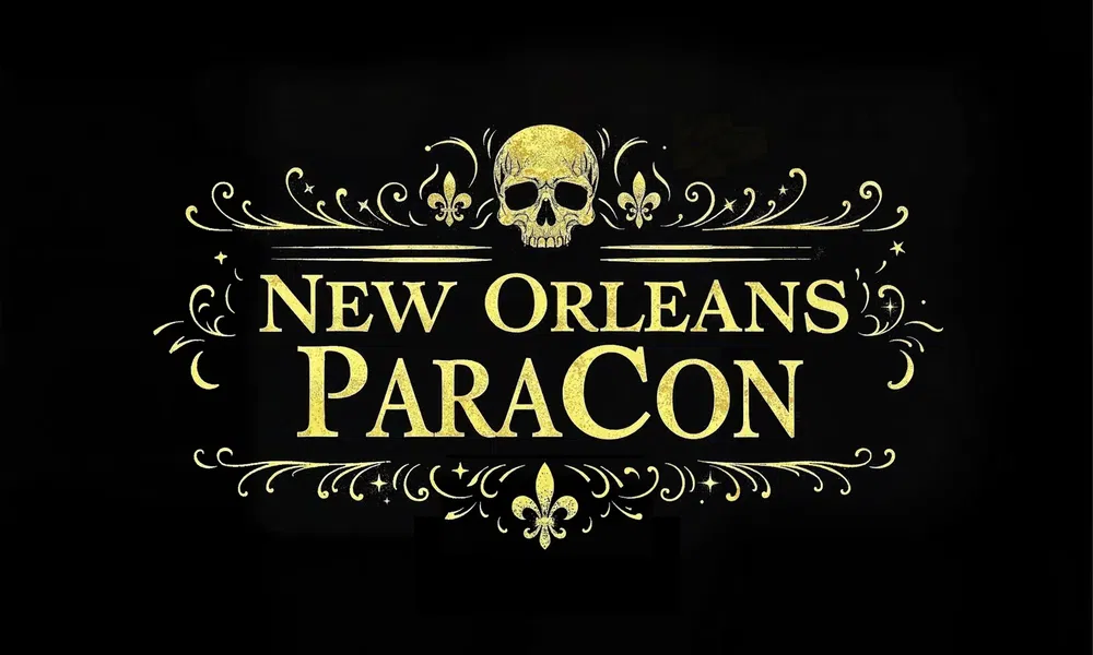 Gold New Orleans ParaCon logo with a skull and decorative fleur-de-lis on black background