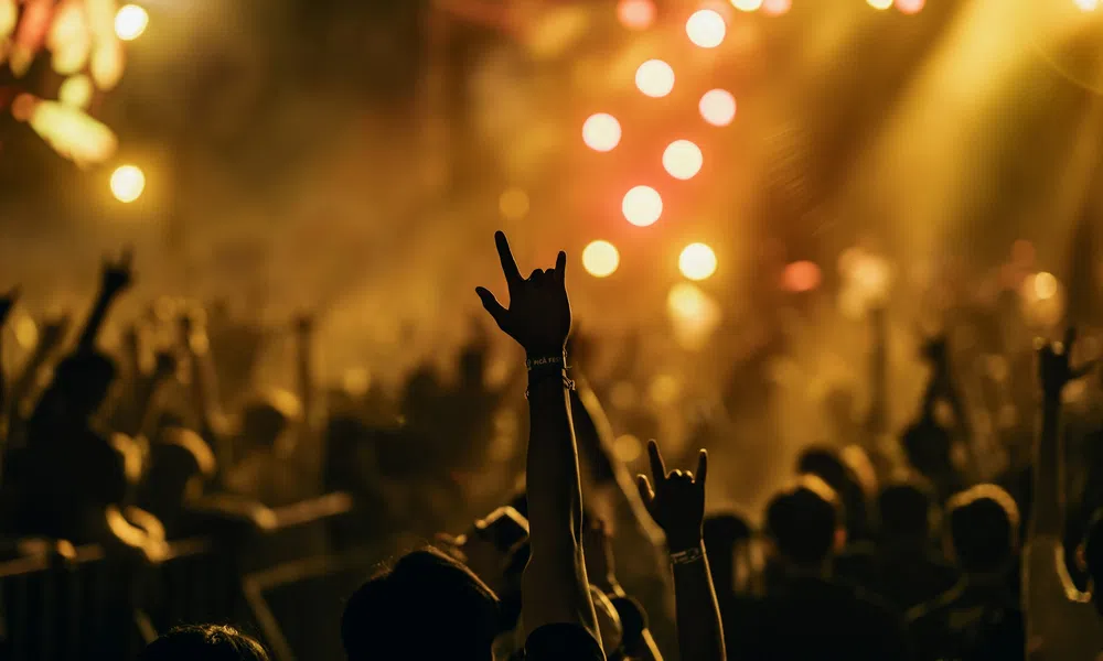 Hand raised with rock hand sign at a crowded concert with warm stage lights and blurred audience background
