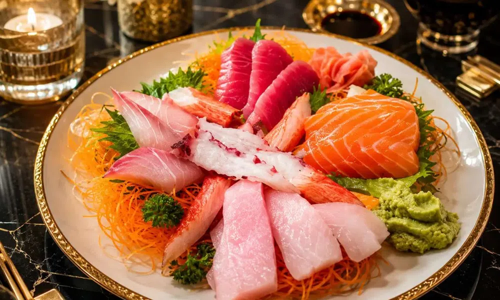 Assorted sashimi plate with salmon, tuna, white fish, crab, wasabi, and garnishes on a decorative plate.