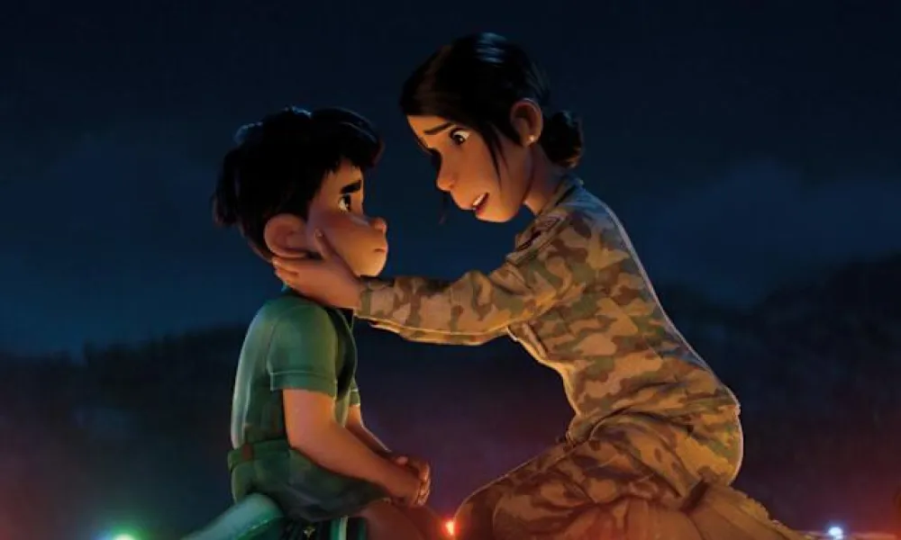 Animated scene of a woman in military uniform comforting a young boy at night with colorful lights around them.