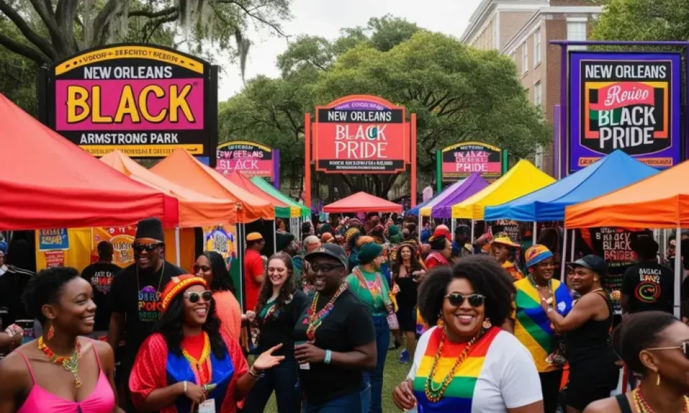 Crowd enjoying New Orleans Black Pride festival with colorful tents and vibrant signs in Armstrong Park