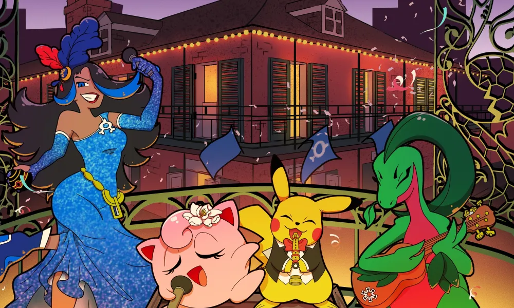 Pikachu, Jigglypuff, and other characters perform music on a balcony at night in a festive city setting.