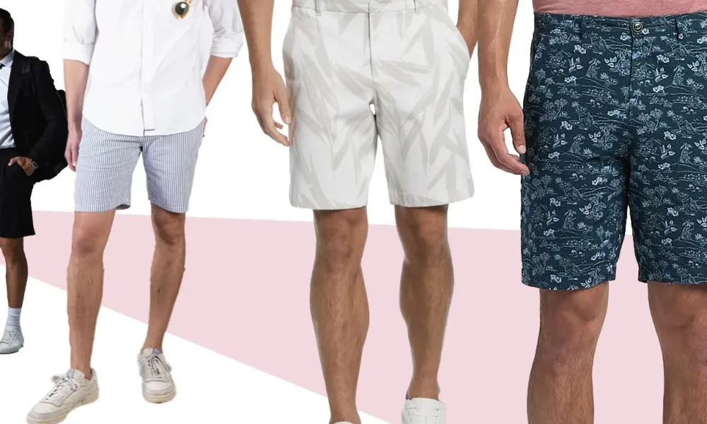 Four men modeling various styles of men's shorts including casual, patterned, and tailored designs.