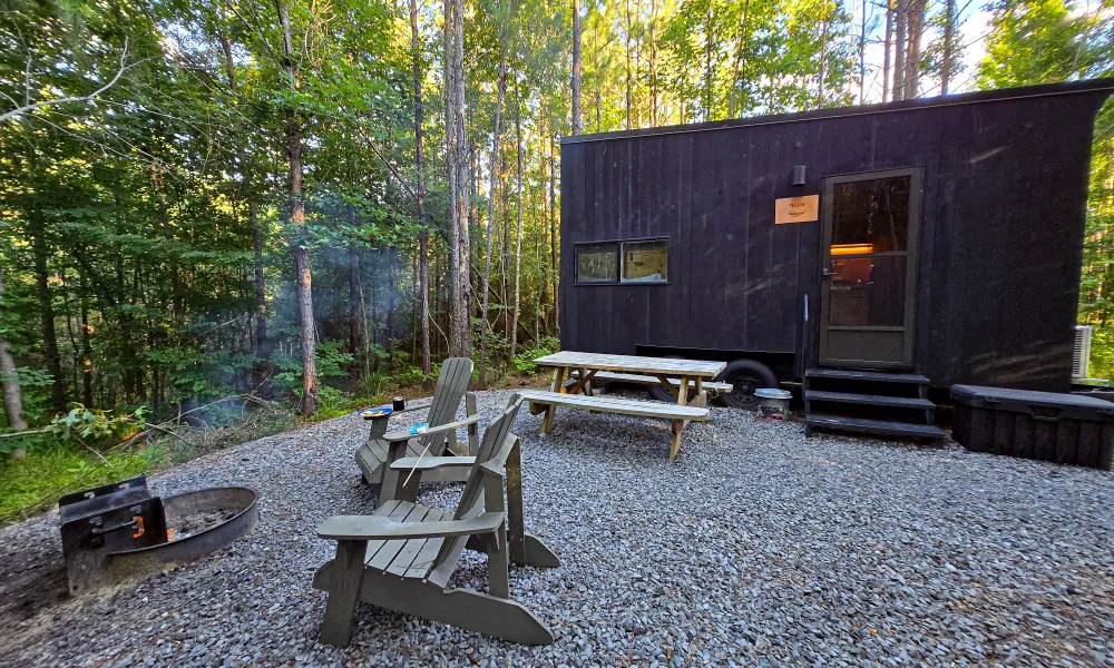 Tiny black cabin in forest clearing with picnic table, Adirondack chairs, and a fire pit on gravel ground.