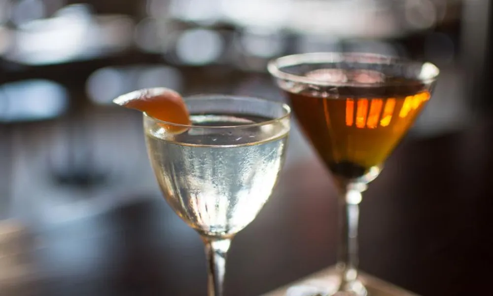 Two elegant cocktails on a bar counter, one clear with a citrus garnish and one amber-colored.