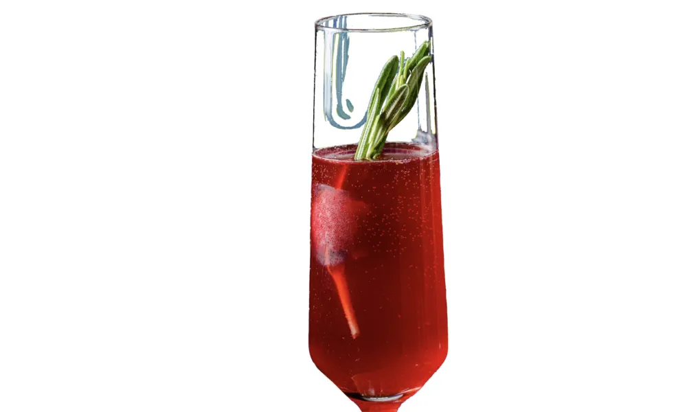 Tall glass with a red fizzy drink garnished with a bunch of fresh rosemary sprigs on a white background