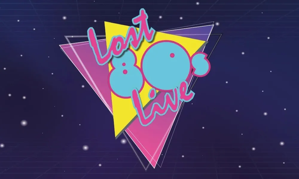 Retro 80s style logo with colorful geometric shapes and text Last 80s Live on a starry background