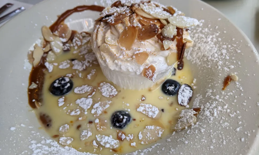 Dessert plate with cream topped with almond slices, blueberries, powdered sugar, and custard sauce drizzle.