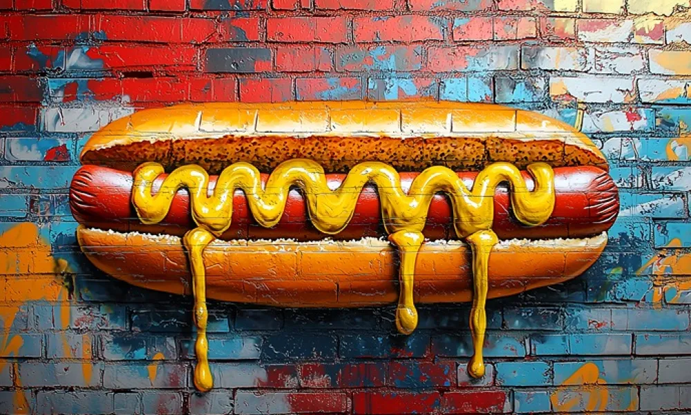 3D mural of a hot dog with mustard dripping, painted on a colorful brick wall with red, blue, and yellow hues.