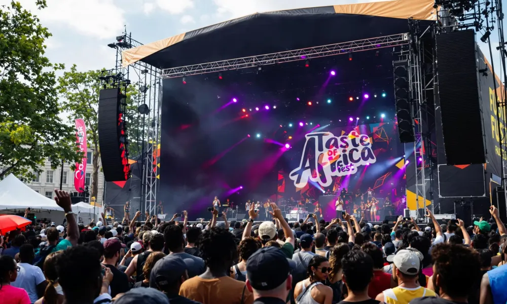 Large crowd enjoying live music at a vibrant outdoor Taste of Africa Fest stage with colorful lights