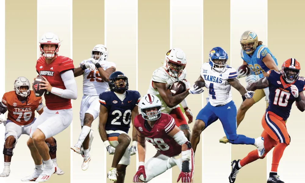 College football players from various teams in action poses with uniform colors against a beige striped background
