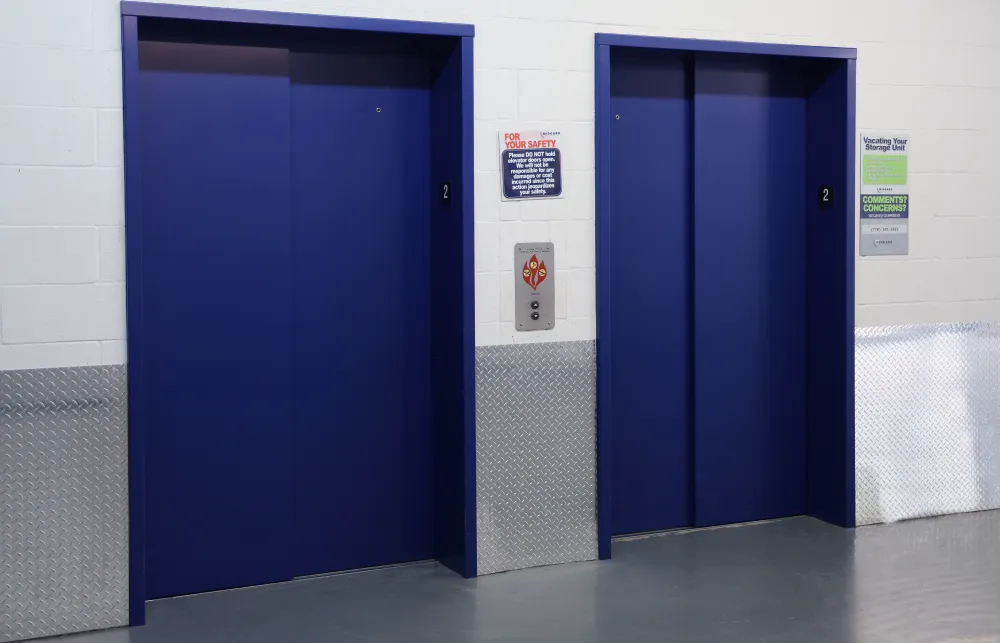 a row of blue lockers