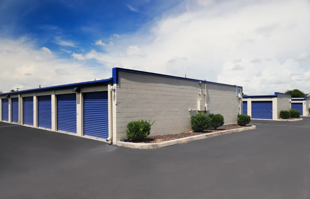 a building with blue doors