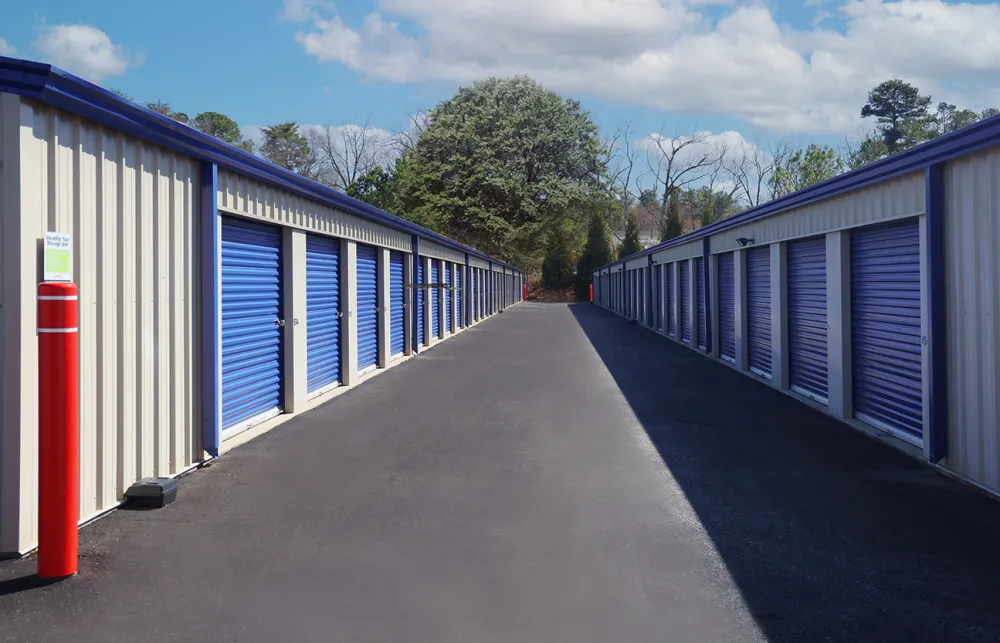 a row of white and blue containers