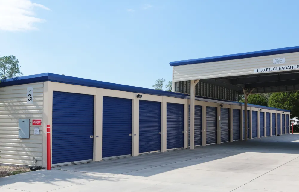 a building with blue doors