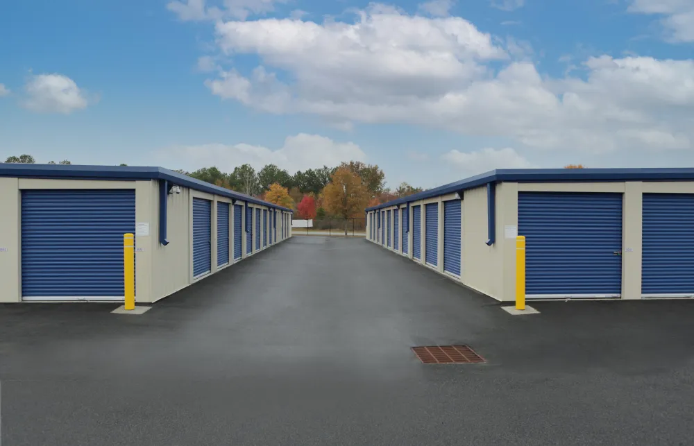 a row of blue and white buildings