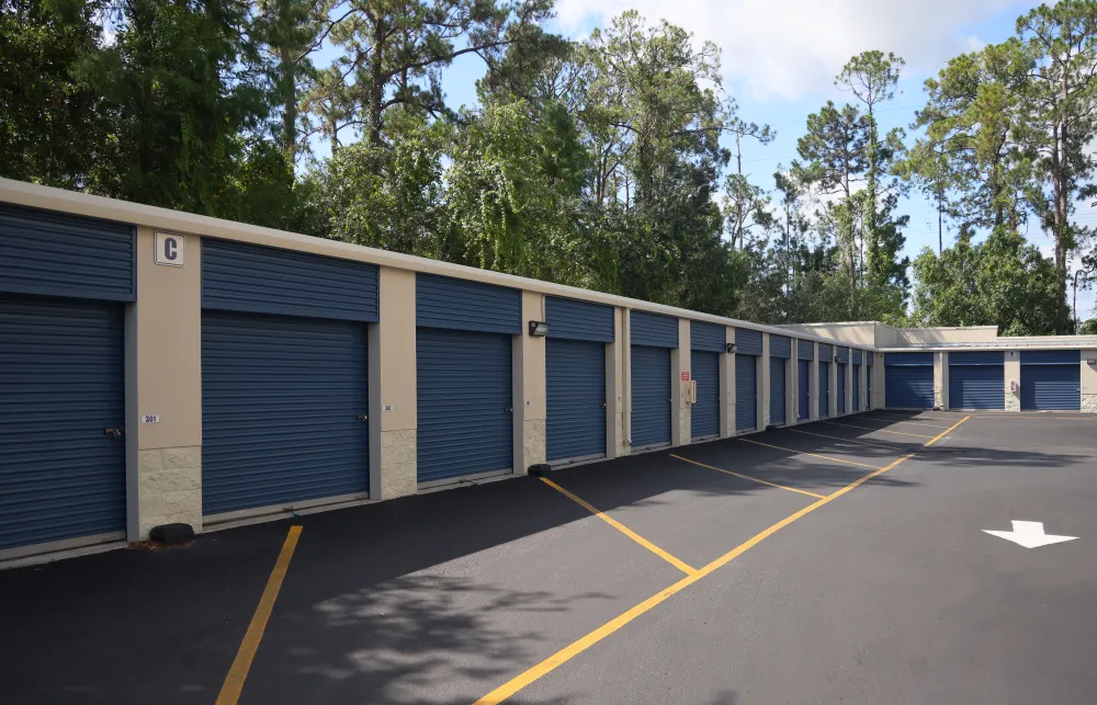 a row of blue garages