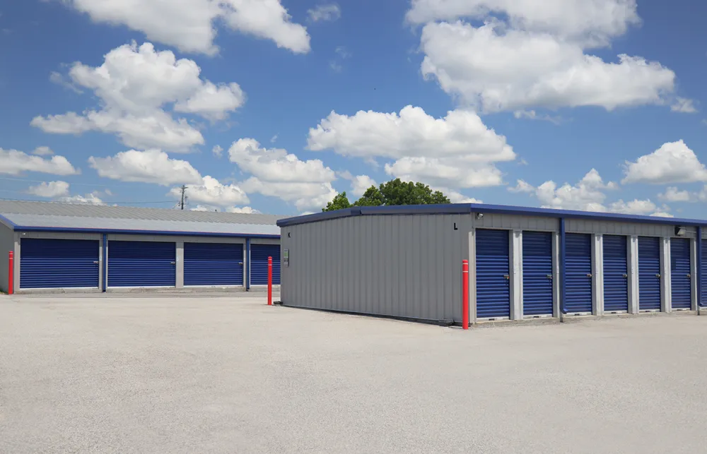 a group of blue and white buildings