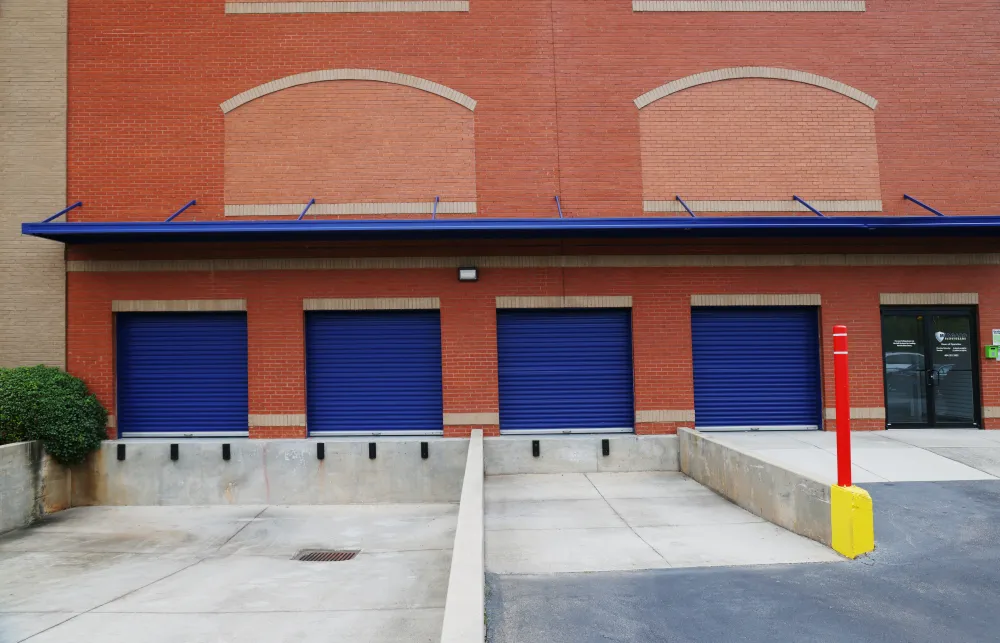 a building with blue doors