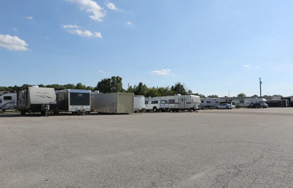 a group of trailers parked in a parking lot