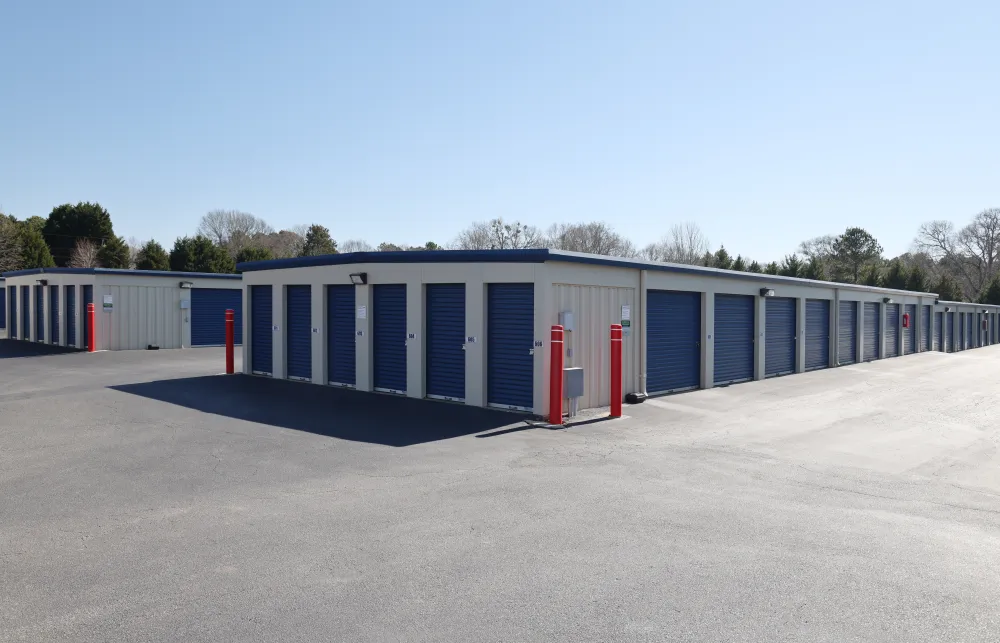 a row of blue and white containers