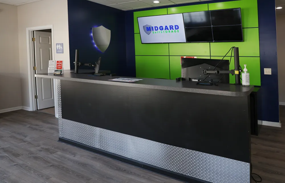 a counter with a black counter top