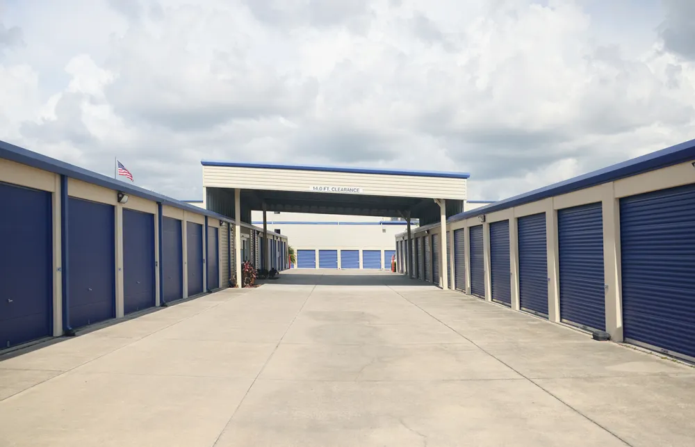 a row of blue lockers